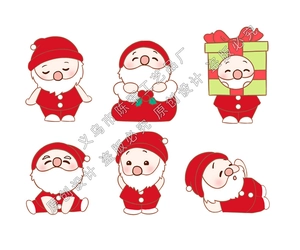 Detail view of six cute miniature Santa Claus figurines in various festive poses