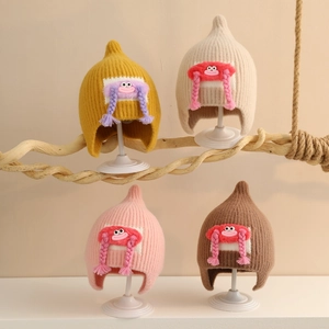 Winter knitted baby pointed earflap hat with cute cartoon plush face and braids