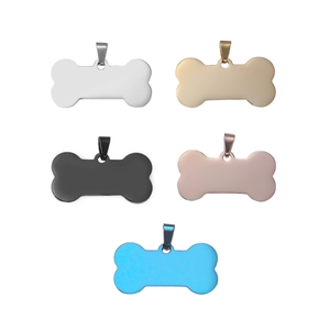 Polished bone-shaped stainless steel pet tags in five colors on a white background