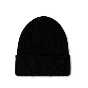 Detailed view of the rib-knit texture and fold-over cuff on the black beanie hat