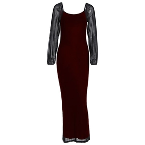 Detail of burgundy ribbed knit dress featuring sheer black mesh long sleeve patchwork