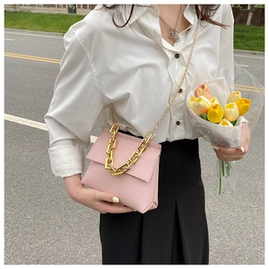 Sac à main rose texture litchi avec chaîne dorée présenté dans un cadre extérieur