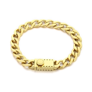 Polished gold curb chain bracelet with square clasp on white background for men