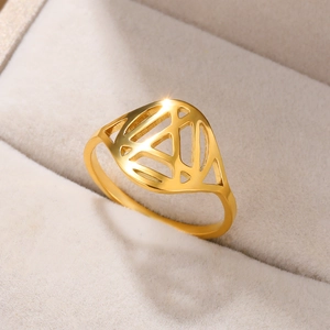 Macro view of geometric cutout 18k gold plated stainless steel ring in a jewelry box