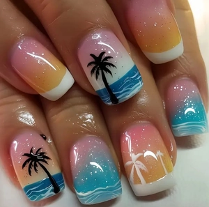 Summer Beach Sunset Press On Nails Gradient Colorful Palm Tree Wave Pattern Square Oval False Nails For Women