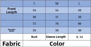 Detailed size chart with measurements for the fringe knit short sleeve round neck top