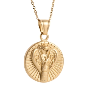 Gold cobra pendant necklace with radial texture on a minimalist stainless steel chain