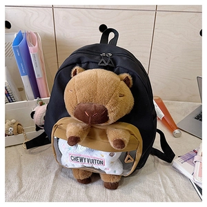 Detail of black capybara backpack featuring a 3D plush animal and clear window pocket