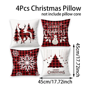 4er-Set Weihnachts-Kissenbezüge mit rot-schwarzem Karomuster und Elch-Motiv 45x45 cm