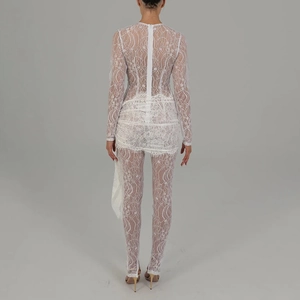 Elegant white lace see-through jumpsuit with long sleeves and waist drape detail