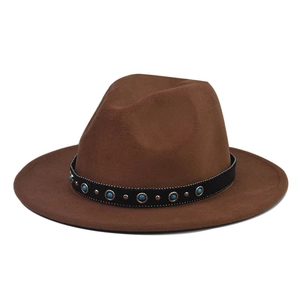 Close-up of brown wool felt hat featuring turquoise stones and silver stud detailing