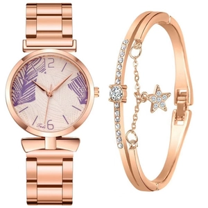Elegant rose gold steel strap watch with purple palm leaf dial and star charm bracelet