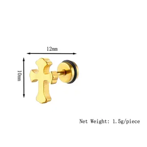 Golden titanium steel cross stud earring with brushed finish and black rubber ring backing