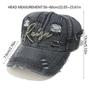 Detailed size specifications for washed denim baseball cap with Raisa embroidery and rings