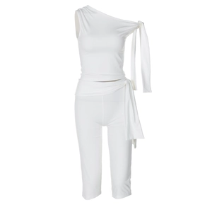 Chic two-piece set featuring white one-shoulder belted top and matching slim-fit shorts