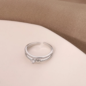 Elegant silver open ring with double-layer cubic zirconia heart and bead design