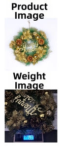 Detail of Christmas wreath with gold flowers, pine cones and its 193g weight measurement