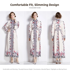 Detail view of the floral print maxi dress featuring a high collar and lace hem accents