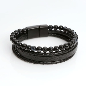 Multilayer black onyx beaded and braided leather bracelet with magnetic clasp for men