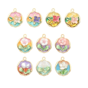 Set of 10 colorful enamel flower charms in gold-plated alloy for DIY jewelry making