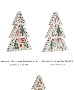 Detail view of 30x20cm wooden Christmas tree tabletop decor with reindeer and snowman cut-outs