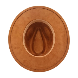 Classic brown wide brim fedora hat with a smooth suede texture and internal sweatband