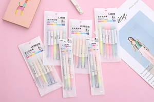 Detail view of dual-tip highlighter pens set in transparent packaging with macro nib focus