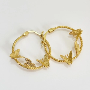 925 Sterling Silver Butterfly Hoop Earrings 18K Gold Plated Twisted Rope Circle Dangle Jewelry For Women Elegant