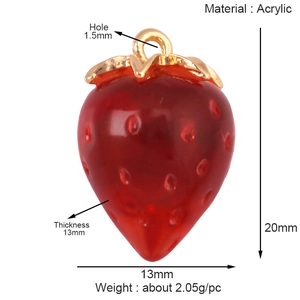 Detail view of red strawberry acrylic pendant with dimensions and 1.5mm hole diameter