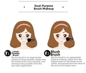 Dual-use retractable loose powder and blush brush with large mushroom head and soft bristles