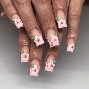 French Gradient Press On Nails Pink 3D Flower Square Shape Artificial Finger Nails For Women Elegant Manicure Decoration