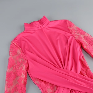 Detail of rose red dress with high neck pleated design and delicate lace sleeves