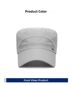 Front view detail of a light grey flat top military cap with metal logo plate