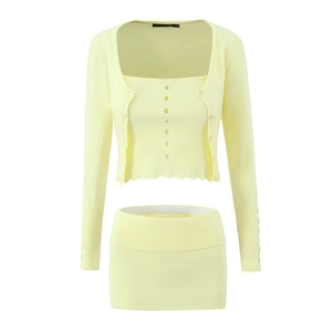 Cárdigan De Manga Larga Para Mujer Top De Punto De Canalé Y Minifalda Conjunto Streetwear Color Sólido