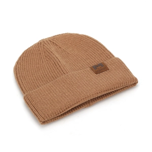 Men's winter knit beanie in camel brown with thick rib texture and fashion leather patch