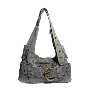 Retro Washed Denim Underarm Shoulder Bag Y2K Vintage Style With Metal Buckle And Adjustable Strap
