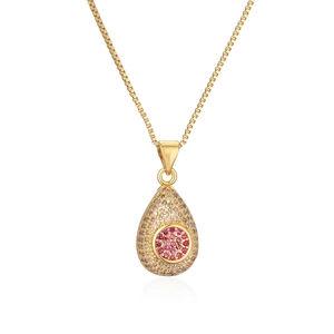 Elegant 18K gold plated necklace with teardrop pendant featuring pink and clear stones