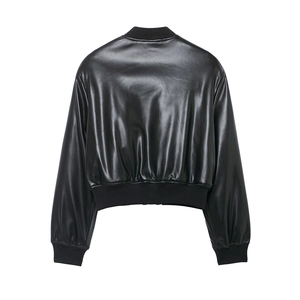 Back view of black leather bomber jacket with ribbed hem and glossy coated finish