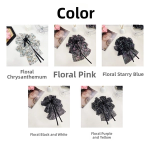 Five floral chiffon hair scrunchies with long ribbons shown in various colors and patterns