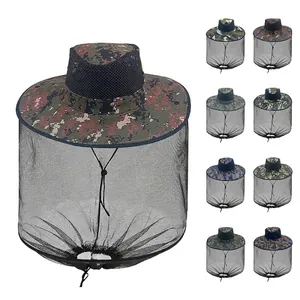 Outdoor camouflage sun hat with mosquito net mesh and adjustable drawcord for men and women