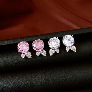 Rose Flower Stud Earrings With Zircon And Silver Earring Post Sweet Leaf Decor Fashion Elegant Jewelry For Women