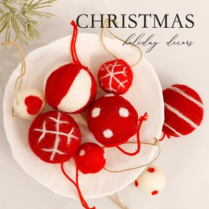 Christmas Ball Ornaments Red White Wool Felt Decorative Baubles Snowflake Heart Patterns Hanging Lanyard Holiday Tree Decor