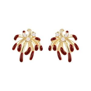 Exquisite 18k gold plated firework stud earrings with red enamel and zircon accents