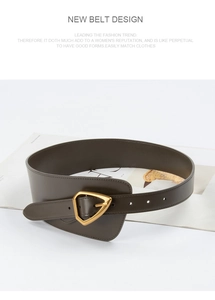Detail of dark brown leather wide belt featuring a luxury gold triangle buckle on magazines