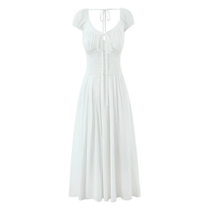 Women Off Shoulder Midi Dress Rayon V Neck Puff Sleeve Smocked Waist Sexy Backless Tie Back White Holiday Sundress