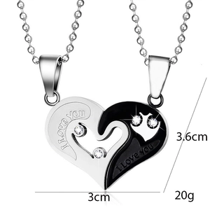 Couples heart pendant necklace set with I LOVE YOU engraving and crystal accents