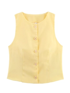Detailed close-up of light yellow sleeveless vest top with S size label on white background