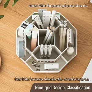 Rotating desktop stationery organizer with 9 compartments for office and school supplies