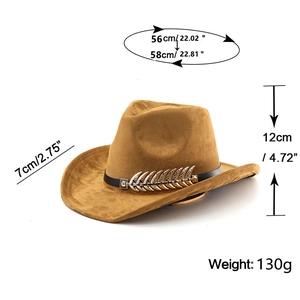 Detail of brown wool fedora hat featuring black leather band and silver leaf ornament