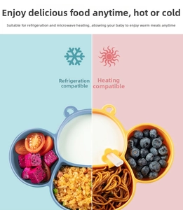 Dual-tone silicone divided plates for kids showing microwave and freezer safe features